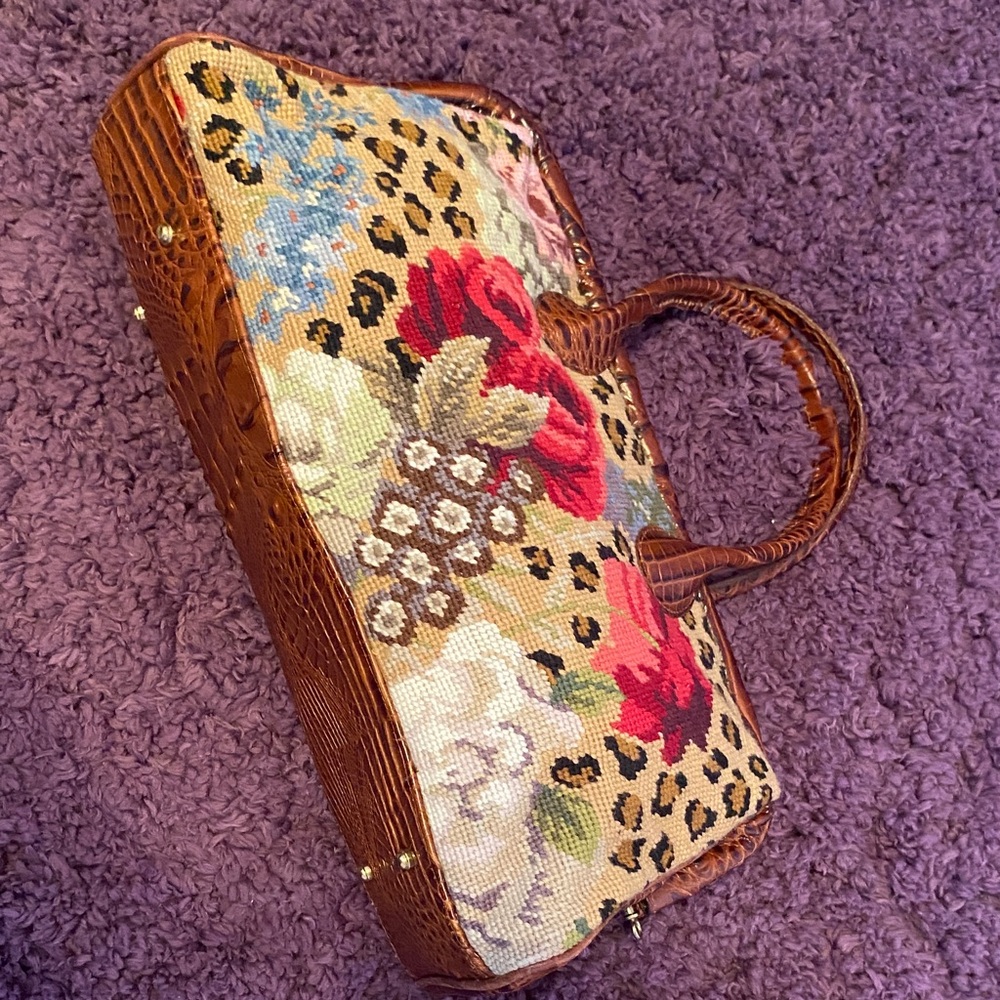 Clever Carriage Co. Floral Needlepoint Doctor Satchel, Croco Embossed Leather - Picture 3 of 16